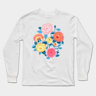 Coral, Yellow & Blue Climbing Rosa Vines Long Sleeve T-Shirt